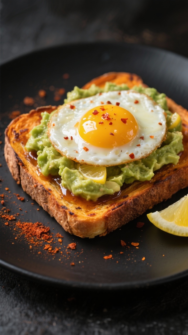 Straight-on close-up of Savory Sweet Potato Avocado Toast: roasted sweet potato planks brushed with olive oil, seasoned with smoked paprika and sea salt, topped with creamy mashed avocado mixed with lemon juice, finished with a jammy soft-cooked egg and a pinch of chili flakes for heat; glossy yolk glistening, served on a matte black plate with scattered paprika and lemon wedge, crisp contrast lighting.