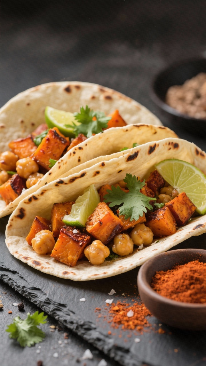Straight-on close-up of smoky chickpea and sweet potato tacos: warm tortillas filled with roasted diced sweet potatoes and chickpeas seasoned with chili powder, smoked paprika, and cumin; edges slightly charred, salt and black pepper flecks visible; topped with a squeeze of lime and a few cilantro leaves; stacked on a slate board with extra spice mix in a pinch bowl.