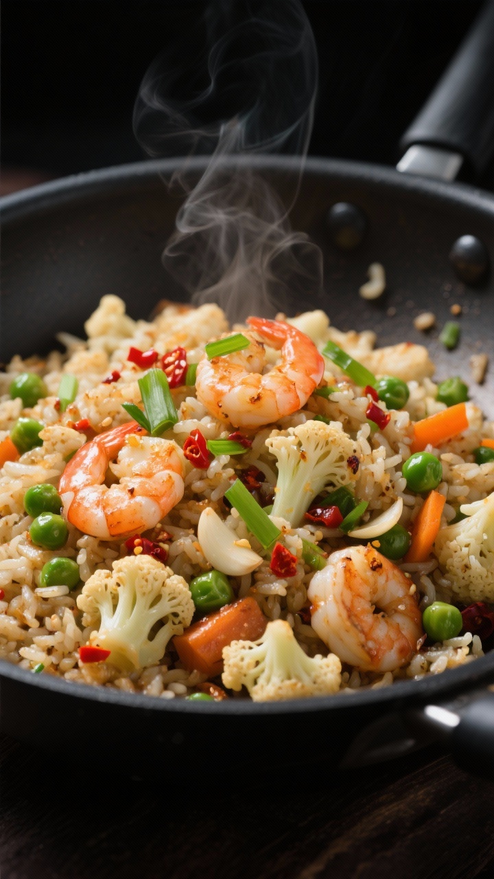 Straight-on close-up of spicy shrimp cauliflower “fried rice” in a black skillet: riced cauliflower stir-fried with shrimp, peas and carrots mix, sliced green onions, minced garlic, and a splash of soy-chili heat; individual cauliflower granules visible, slight wok char, steam rising; garnished with extra scallions and red chili flakes, dark background to emphasize vibrant colors.