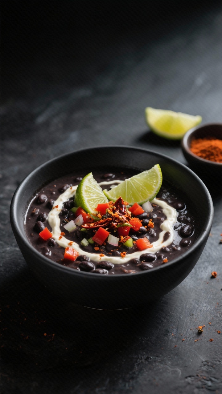 Straight-on, close-up shot of smoky black bean soup in a matte charcoal bowl: thick, inky soup with visible diced red bell pepper, onions, and specks of cumin and smoked paprika; swirled with a generous lime crema on top, sprinkled with minced chipotle in adobo; lime wedges and a tiny bowl of smoked paprika alongside; moody backdrop, dramatic side lighting, emphasizing the creamy-silky texture and smoky depth.