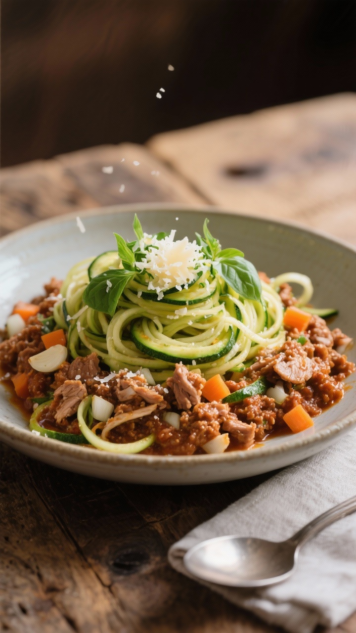 Straight-on comfort-food plating of Zucchini Noodle Turkey Bolognese: spiralized zucchini noodles twirled high, smothered in a rich, chunky turkey bolognese with finely diced onion, garlic, and carrot; topped with torn basil and micro-grated parmesan; served in a wide shallow bowl on a rustic wood table; warm, cozy lighting, napkin and spoon nearby.