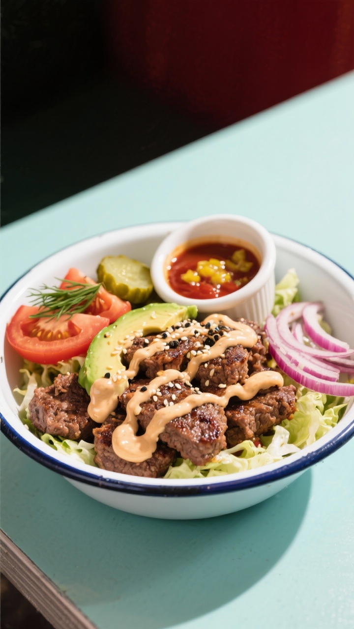 Straight-on composition of bunless smash burger bowls with special sauce: seared, craggy-edged beef patties chopped over a bed of shredded lettuce with tomato wedges, dill pickle slices, red onion, and avocado; zigzag of creamy special sauce (mayo, mustard, ketchup, pickle relish) and sprinkle of sesame seeds and cracked pepper; served in a shallow enamel bowl with a side ramekin of sauce; bright diner-style lighting, crisp colors, no bun in sight.