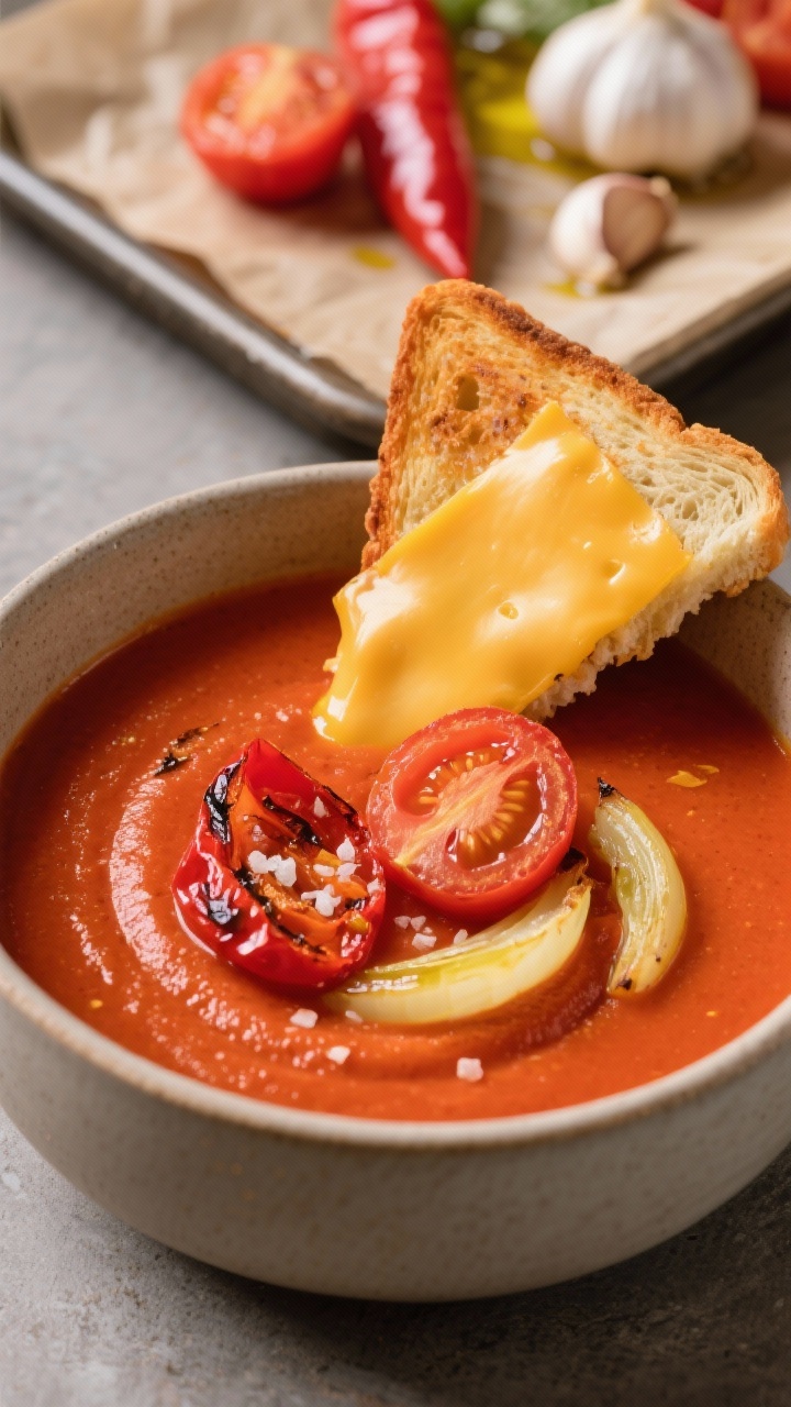 Straight-on cozy bowl shot of creamy roasted tomato and red pepper soup served in a matte ceramic bowl, deep red-orange hue with a velvety texture; a cheddar toastie cut diagonally and perched on the rim, cheese melted and crisp at the edges; roasted tomato halves, red pepper quarters, yellow onion pieces, and unpeeled garlic cloves visible on a parchment-lined tray in soft focus behind; drizzle of olive oil and sprinkle of kosher salt on top.