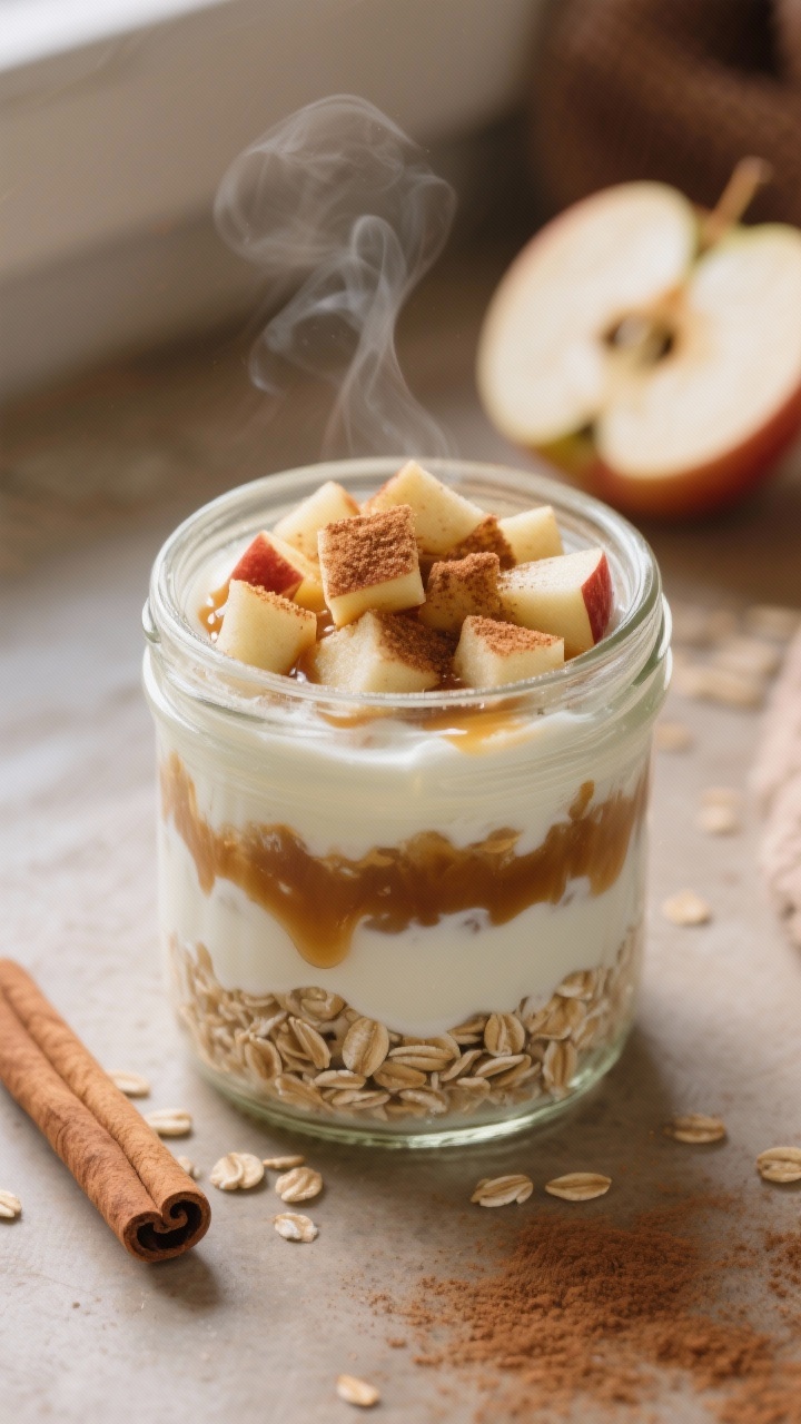 Straight-on cozy jar shot of Apple Pie oats that smell like a hug: layers of oats, milk, Greek yogurt, finely diced apple folded in, maple syrup, ground cinnamon, and a pinch of nutmeg; topped with cinnamon-dusted apple cubes and a drizzle of maple; warm, homey scene with a small cinnamon stick and apple half in background, soft morning light, steam-less but aromatic styling cues.