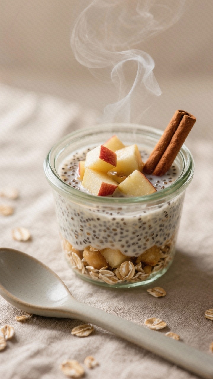 Straight-on cozy shot of Warm Apple Pie Chia-Oat Cups: a small glass jar filled with 1/3 cup rolled oats and 1 tablespoon chia seeds simmered in 3/4 cup unsweetened almond milk, studded with tender chopped apple, scented with 1 teaspoon cinnamon and a hint of vanilla extract. Visible layers of softened apples and plump chia; steam rising. Garnish with a cinnamon stick and a few apple cubes on top; neutral linen, matte ceramic spoon, warm autumnal lighting for a comforting, breakfast-dessert feel.