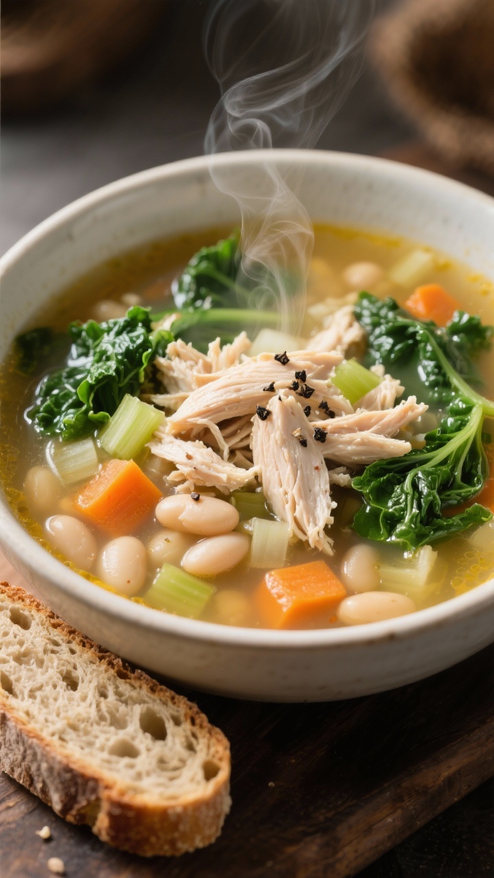 Straight-on cozy soup portrait in a deep bowl: chicken and white bean soup with kale—shredded tender chicken, creamy cannellini beans, diced carrots, celery, and onion in a clear golden low-sodium chicken broth, curls of steam rising; emerald kale leaves just wilted for texture, cracked black pepper on top, a slice of rustic whole-grain bread leaning on the rim, warm, homey lighting.