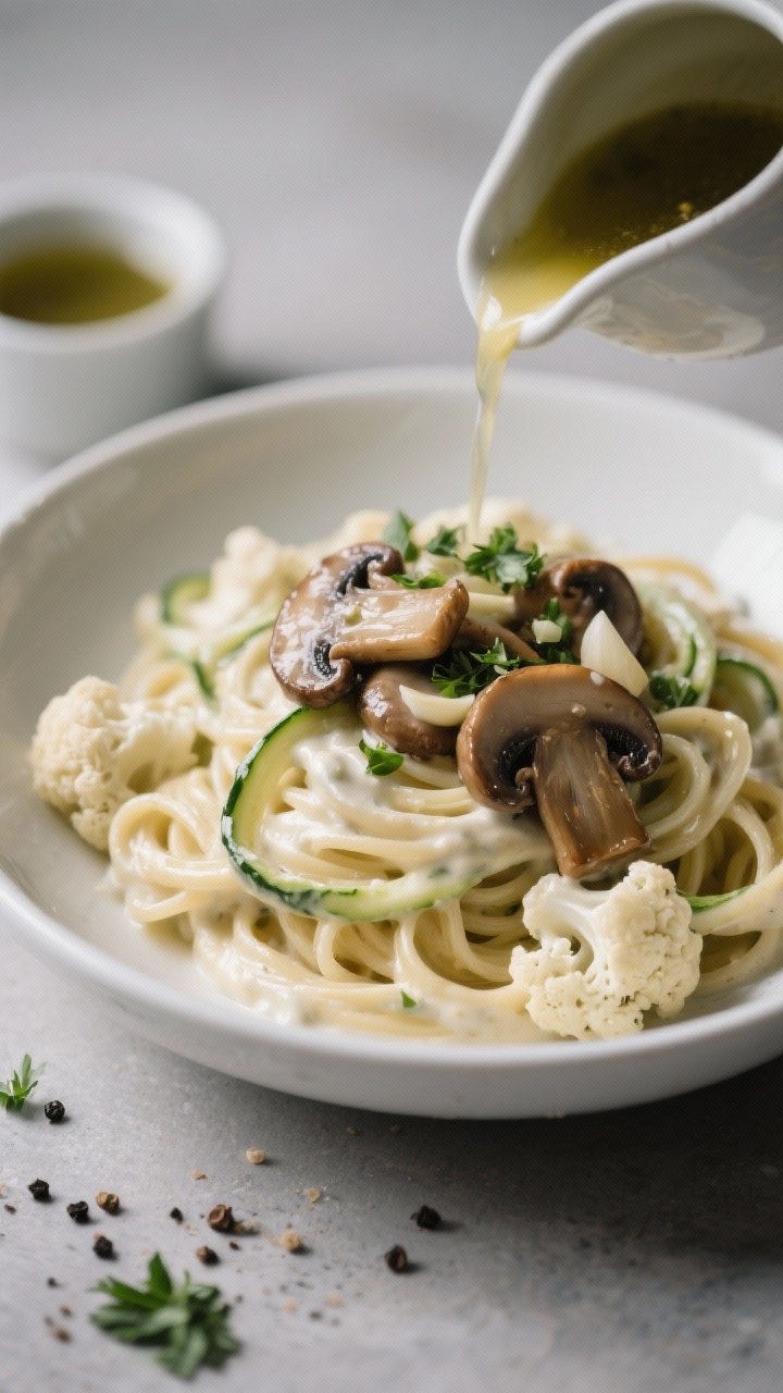 Straight-on creamy cauliflower Alfredo with garlicky mushrooms: a shallow white pasta bowl twirled with cauliflower Alfredo sauce coating whole-grain pasta (or zucchini noodles), ultra-silky and pale ivory; topped with olive-oil sautéed cremini mushrooms and minced garlic, glistening and browned on edges; a small pourer of low-sodium vegetable broth in frame; scattered cracked black pepper and parsley for contrast; soft, moody lighting to emphasize creaminess.