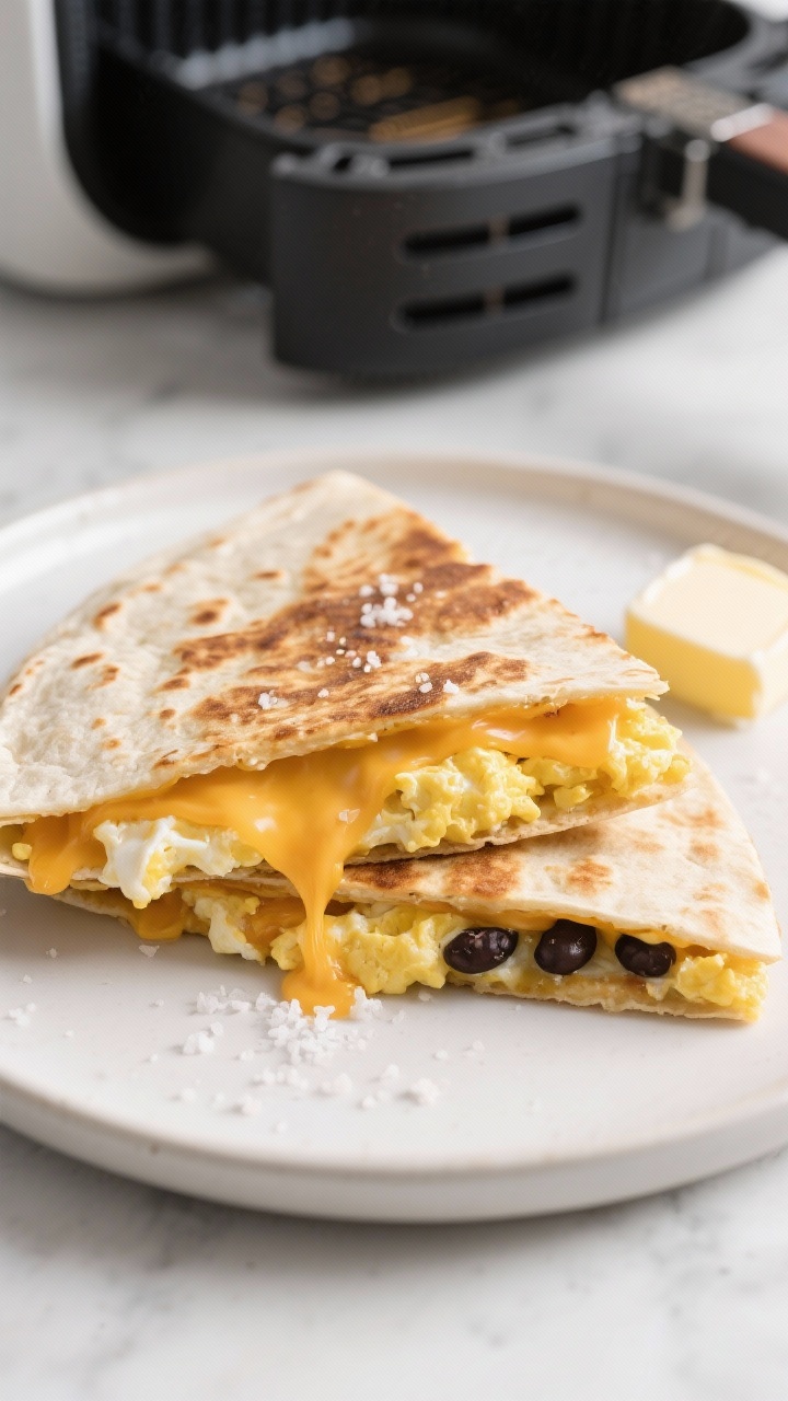 Straight-on cutaway of a Crispy Air-Fryer Breakfast Quesadilla: tortilla toasted and blistered, cheese pull visible with shredded cheddar melting around scrambled eggs made with milk, speckled with kosher salt, black beans peeking from the layers; a pat of butter on a dish, air fryer basket in the background, clean, modern breakfast mood.