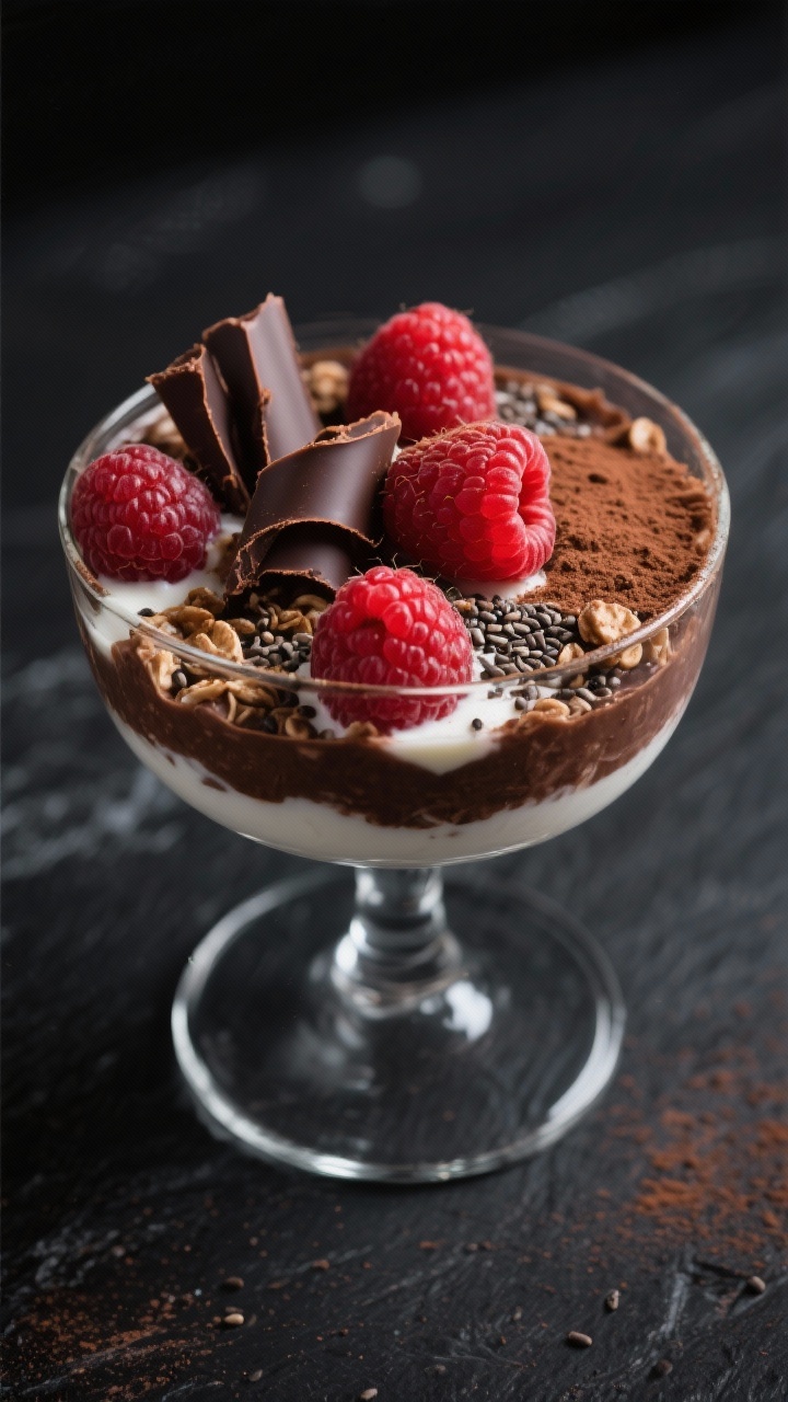 Straight-on dessert-like close-up of chocolate raspberry truffle oats in a stemless glass: cocoa-rich oats with almond milk, Greek yogurt, chia seeds, and a gentle maple sweetness, topped with fresh raspberries and a light dusting of cocoa powder. A few shaved dark chocolate curls for truffle effect. Minimalist black slate background to dramatize the red raspberries and deep chocolate color, soft side light for a luxurious glow.