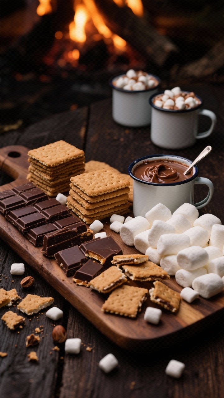 Straight-on fireside vibe for a S’mores & Hot Cocoa Board: stacks of graham cracker squares, rows of jumbo marshmallows and a scatter of mini marshmallows, an array of chocolate bars (dark, milk, salted caramel) broken to show textures, a small pot of chocolate hazelnut spread with a spoon trail, enamel mugs of hot cocoa topped with mini marshmallows in the background blur, dark wood surface, moody lighting with warm highlights to suggest campfire coziness, crisp detail on melting chocolate edges.
