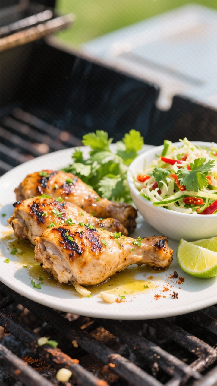 Straight-on grill master moment: cilantro-lime grilled chicken thighs (boneless, skinless) with char marks, brushed with a marinade of lime zest and juice, olive oil, minced garlic, ground cumin, chili powder, kosher salt, and black pepper; served with a vibrant chili-lime slaw in a side bowl; fresh cilantro leaves and lime wedges scattered; outdoor grill grates in soft blur, bright, zesty, summery feel.