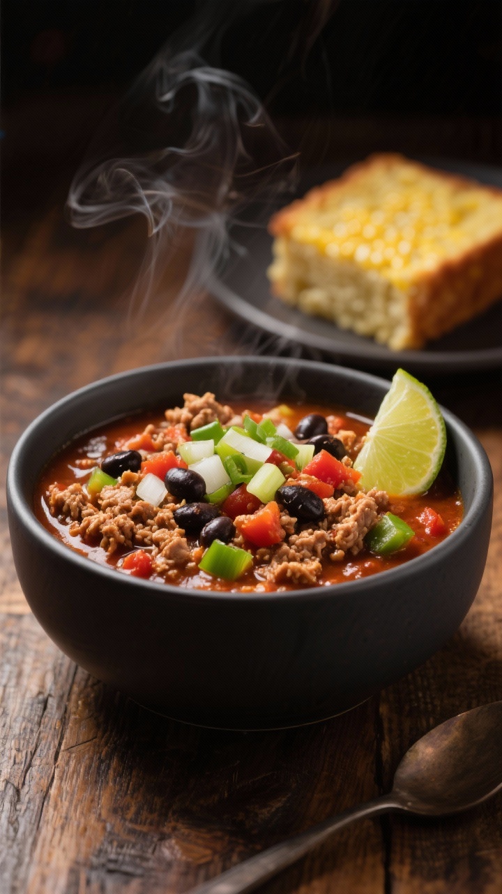 Straight-on hearty bowl of fire-roasted turkey chili: lean ground turkey crumbles in a thick, smoky base of fire-roasted crushed tomatoes, black beans, diced onion, green bell pepper, and minced garlic; topped with a small sprinkle of scallions and a lime wedge; cornbread square in background, matte charcoal bowl on wooden table, steam visible, cozy evening light.