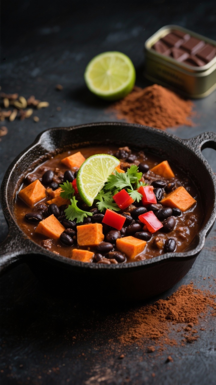 Straight-on, hearty sweet potato black bean chili with cocoa and lime in a cast-iron pot: chunky orange sweet potato cubes and glossy black beans in a deep, cocoa-kissed chili base spiced with chili powder, cumin, and smoked paprika; topped with a squeeze of lime, fresh cilantro, and a few red bell pepper dice for color; lime halves, chili powder mound, and a cocoa tin in the background; rich, moody lighting emphasizing thickness and warmth.