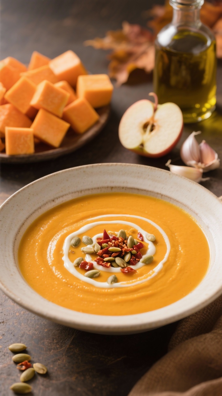 Straight-on hero shot of creamy butternut squash soup in a shallow bowl, silky orange puree with subtle apple sweetness; garnished with a spiral of maple crema and a shower of chili-maple pepitas for crunch; behind the bowl: peeled cubed butternut, chopped Honeycrisp apple, smashed garlic cloves, and an olive oil bottle; warm autumnal styling with soft directional light.