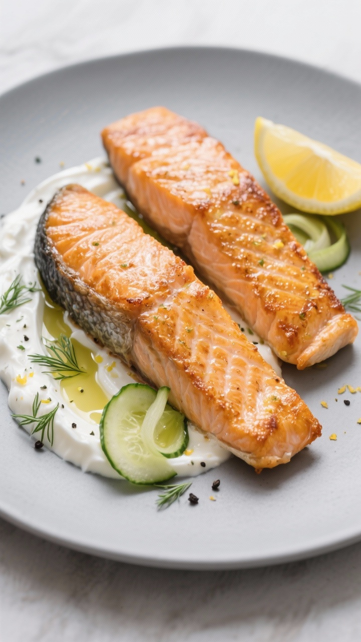 Straight-on hero shot of crispy-skinned salmon fillets: two skin-on salmon pieces with crackling golden skin, set on a smear of herbed Greek yogurt (dill, lemon zest, lemon juice) with thin cucumber ribbons on the side, a drizzle of olive oil and black pepper flecks, plated on a matte gray plate with a lemon wedge, clean Scandinavian minimal styling.
