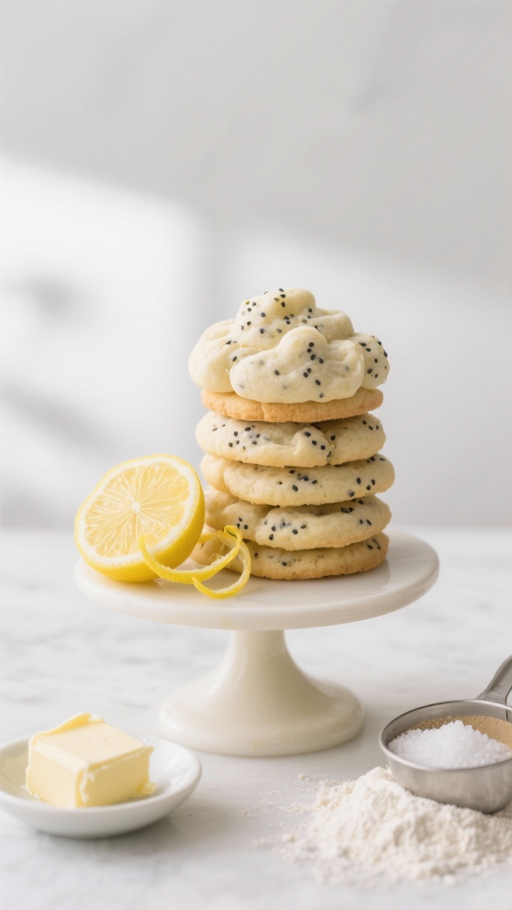 Straight-on hero shot of lemon poppy seed “cloud” cookies stacked loosely on a pale cake stand, airy and tender with visible poppy seeds and a glossy, lightly crinkled surface. Include a cut lemon, lemon zest curls, a small dish of softened light butter, and measured white whole wheat flour with baking powder/soda and fine sea salt in the scene. Cool daylight with a subtle yellow accent to evoke citrus freshness, minimal props for a weightless mood.