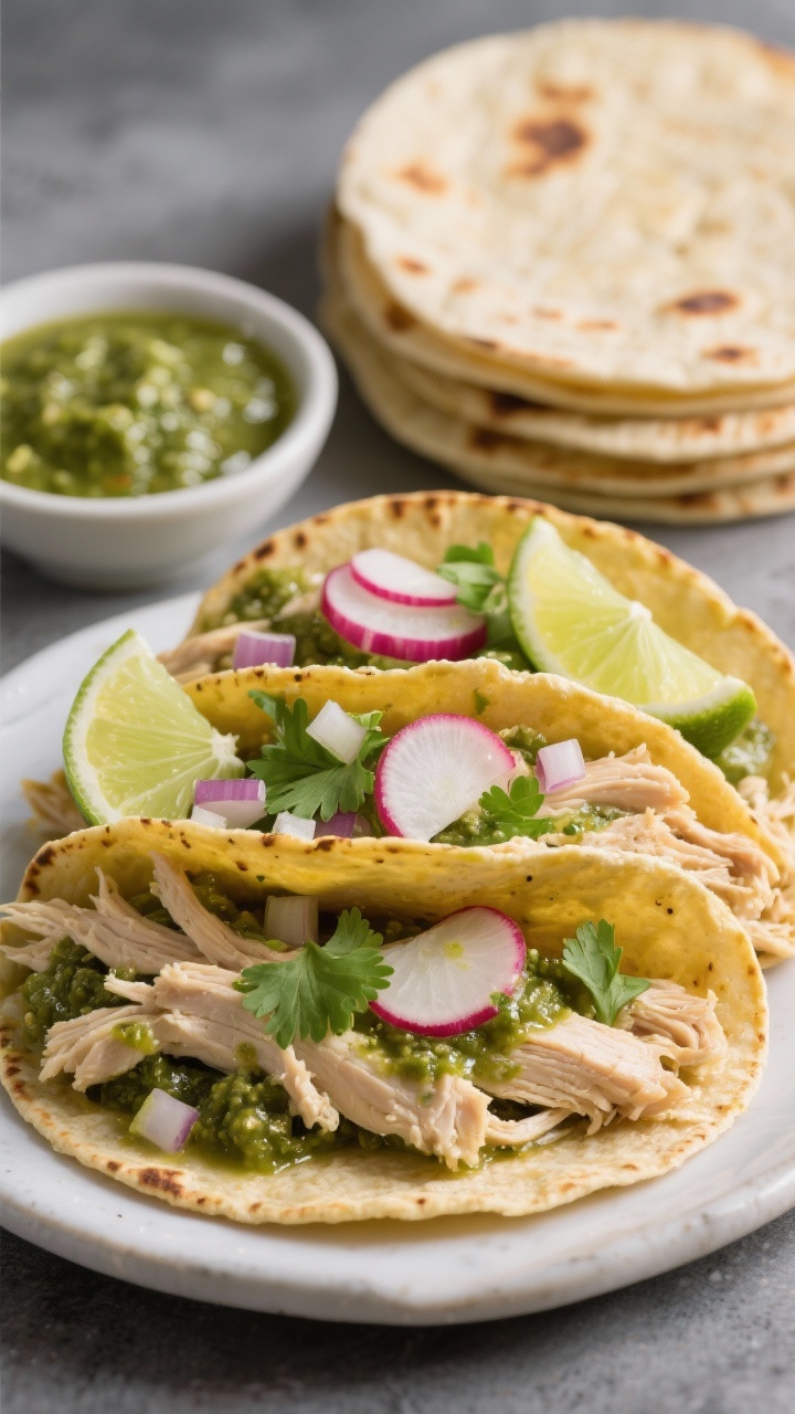 Straight-on hero shot of Salsa Verde Chicken Protein Tacos: shredded boneless skinless chicken breasts slow-cooked in vibrant green salsa verde with cumin and garlic, piled into warm corn tortillas; topped with diced onion, chopped cilantro, radish slices, and lime wedges; a small bowl of extra salsa verde in the background, tortillas stacked, slight char visible, high-contrast lighting accentuating the green salsa gloss and juicy chicken fibers.