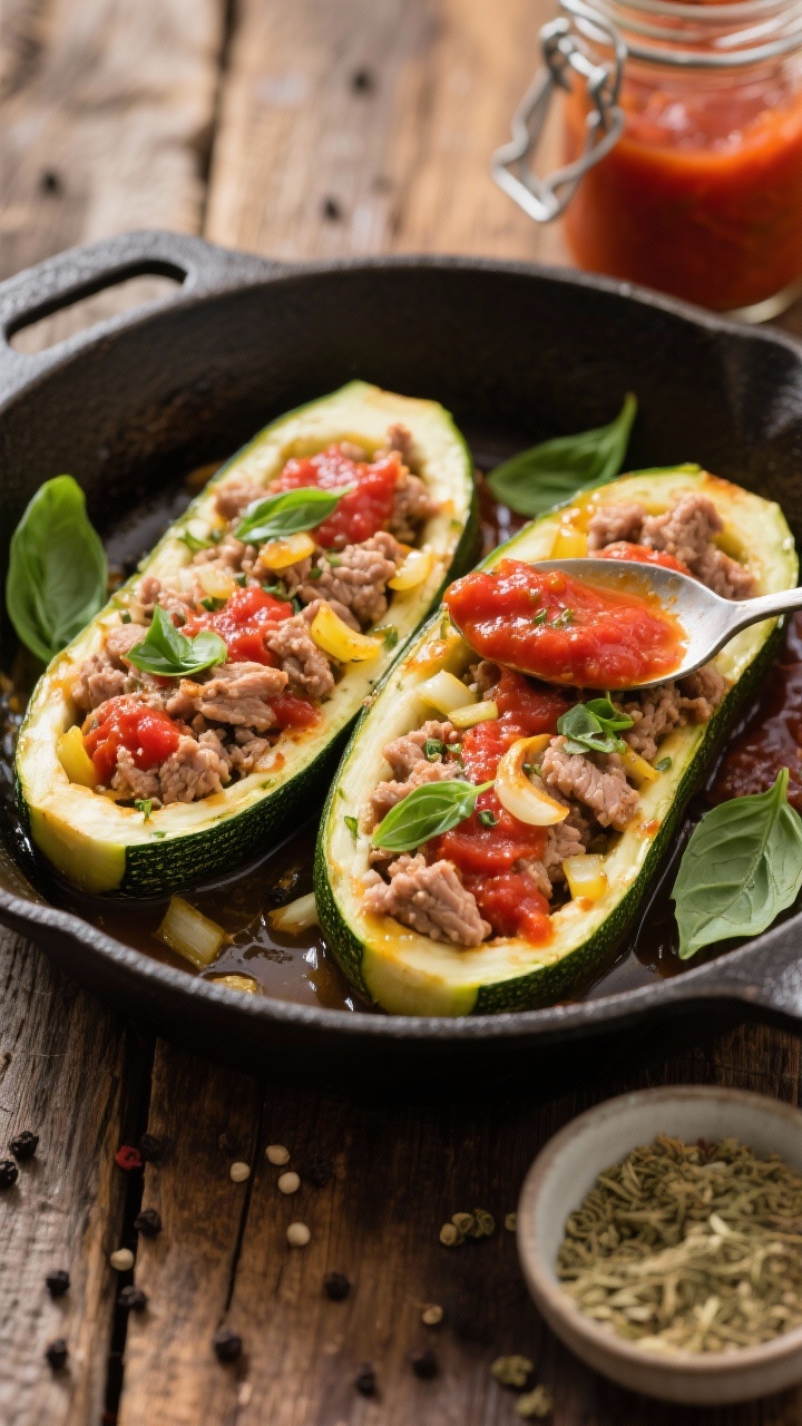 Straight-on, in-pan baking scene of Turkey-Stuffed Zucchini Boats with Tomato-Basil Marinara: halved zucchini hollowed and filled with lean ground turkey sautéed with olive oil, finely chopped yellow onion, minced garlic, dried Italian seasoning, and a hint of fennel; spooned with bright tomato-basil marinara and lightly browned at the edges. Boats nestled in a cast-iron skillet, fresh basil leaves tucked around, flecks of black pepper visible. Rustic wooden table, a jar of marinara and a small bowl of dried Italian seasoning in frame. Warm, homestyle light emphasizing juicy turkey filling and tender zucchini.