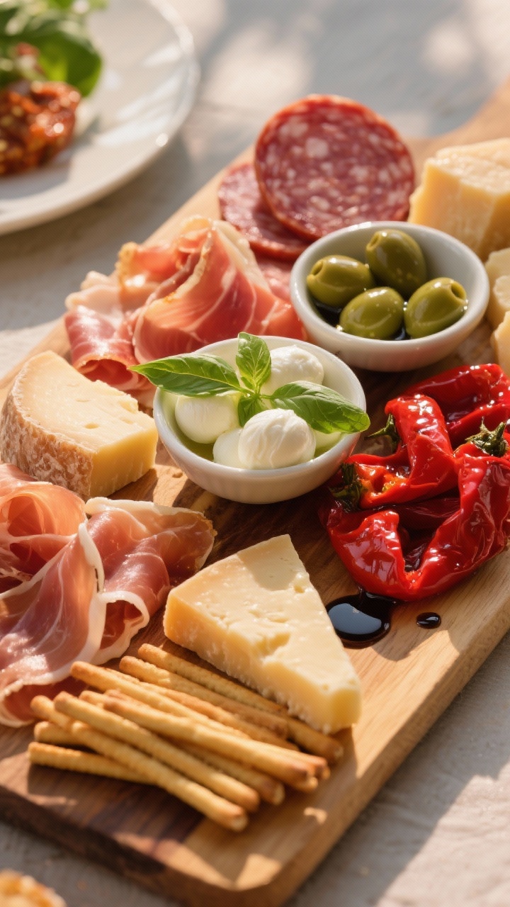 Straight-on Italian aperitivo board bursting with summer energy: silky ribbons of prosciutto di Parma, spicy soppressata rounds, rugged chunks of Parmigiano-Reggiano, glossy fresh mozzarella balls (ciliegine) in a small bowl with basil, roasted red peppers glistening with olive oil, and a small dish of green olives. Include grissini and a drizzle of balsamic near the mozzarella. Golden-hour warmth, vibrant reds and greens, focus on salty, creamy, and aged textures.