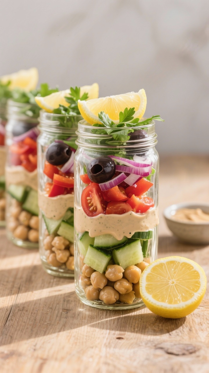 Straight-on jar lineup of Mediterranean Chickpea Power Jars: clear glass meal-prep jars layered from bottom to top with creamy lemon-tahini dressing, chickpeas, diced English cucumber, halved cherry tomatoes, diced red bell pepper, finely chopped red onion, and sliced Kalamata olives; finish with fresh parsley and a lemon wedge nearby; crisp, saturated colors with clear separation of layers, styled on a sunlit wooden surface with a small bowl of tahini and a cut lemon in frame, minimalist background, no hands.