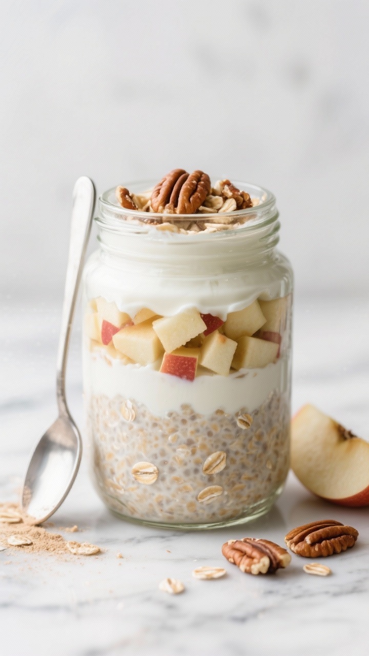 Straight-on jar shot of apple pie protein overnight oats: old-fashioned rolled oats mixed with unsweetened almond milk, plain nonfat Greek yogurt, vanilla protein powder, and finely diced Honeycrisp apple layered in a glass jar; topped with crunchy pecans and a whisper of cinnamon; spoon leaning against the jar, a few apple dices and pecan pieces scattered on a cool marble backdrop.