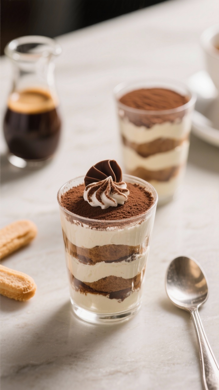 Straight-on layered tiramisu trifles in clear individual cups: alternating layers of coffee/espresso-soaked ladyfingers, mascarpone whipped with cold heavy cream, and a dusting of cocoa; a subtle drizzle of coffee liqueur noted via a nearby tiny carafe; soft peaks and clean edges, topped with a final cocoa veil and a chocolate curl; elegant, softly lit dessert bar vibe.