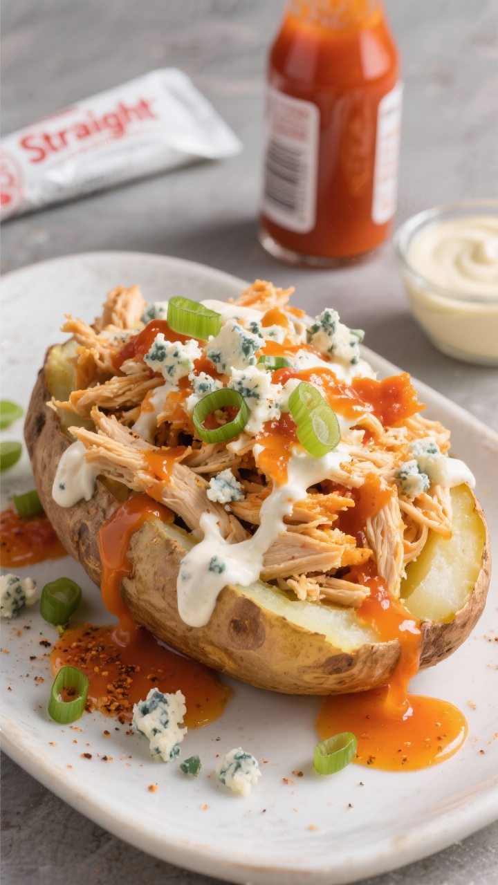 Straight-on loaded baked potatoes topped with Buffalo Ranch Shredded Chicken: fluffy jackets split open, piled high with shredded chicken coated in hot sauce, melted butter, ranch seasoning, and a splash of chicken broth; drizzled with ranch crema, sprinkled with sliced scallions and crumbled blue cheese; vibrant orange buffalo glaze gleaming, extra hot sauce bottle and ranch packet in the scene, crisp, craveable styling.