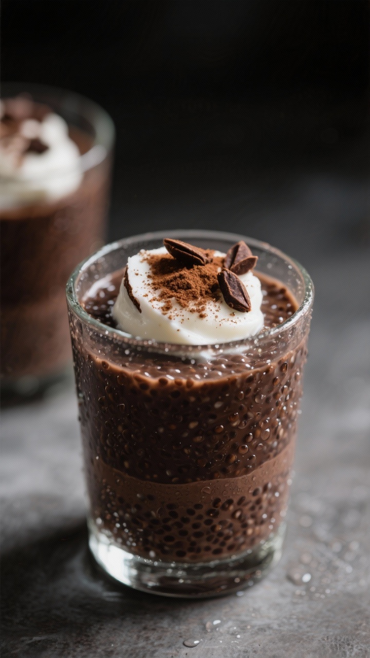 Straight-on macro close-up of Cocoa-Coffee Chia Pudding shots: petite glass shooters layered with dark cocoa-coffee chia pudding, topped with a dollop of coconut yogurt, cacao nibs, and a dusting of espresso powder; condensation on the glass, silky chia pearls visible, moody low-key lighting for a dessert-meets-breakfast vibe.