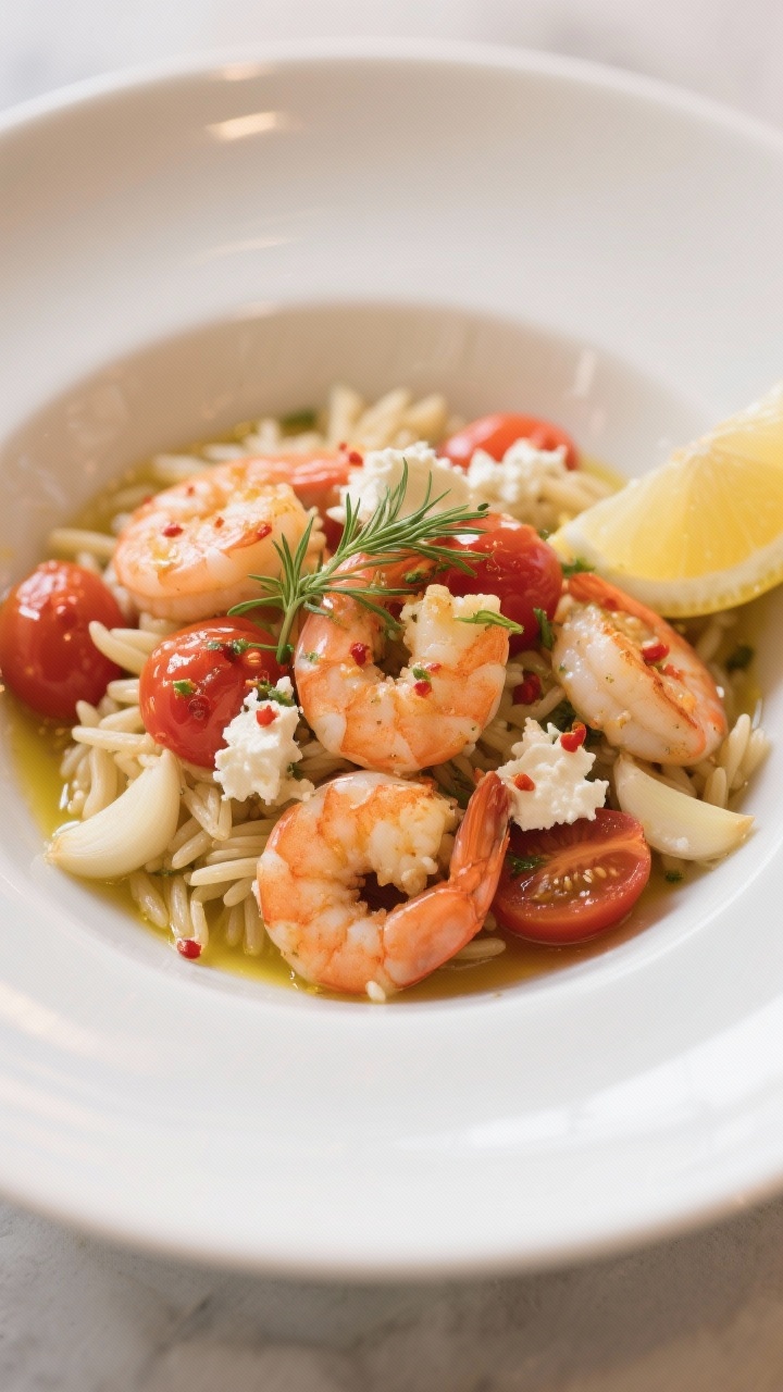 Straight-on Mediterranean plating: shrimp with burst cherry tomatoes, crumbled feta, and tender orzo in a shallow white bowl; olive oil sheen, thinly sliced garlic visible, optional crushed red pepper flakes for heat; sprinkled fresh dill or parsley, lemon at the side, warm coastal color palette, cozy yet light presentation.