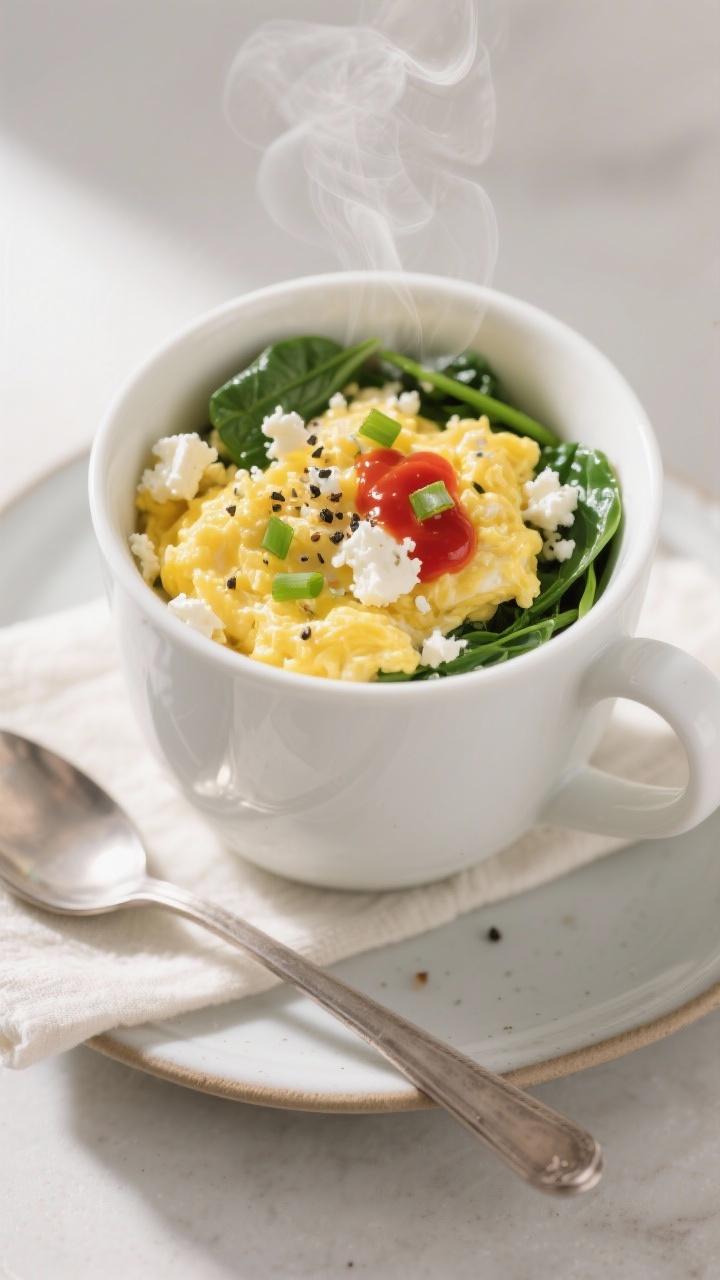 Straight-on, microwave mug egg scramble scene showing the cooking process: fluffy curds of eggs in a white mug with wilted baby spinach folded in, specks of black pepper and salt, crumbled feta pockets visible; finished with a few drops of vibrant red hot sauce and optional chopped scallions on top; placed on a small plate with a spoon and a napkin; soft morning light, gentle steam rising.