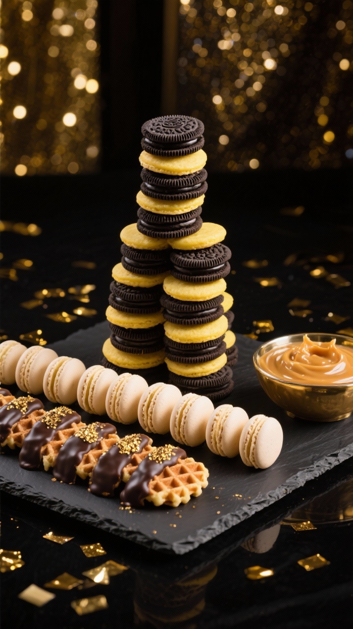 Straight-on, midnight glam New Year’s board: 12 black cocoa sandwich cookies stacked in a tower, 12 lemon shortbread rounds adding pale yellow contrast, 12 vanilla macarons in a neat row, 12 chocolate-dipped waffle cookies with gold dust, and a bowl of salted caramel; black slate, metallic gold confetti and a sparkly backdrop, cool dramatic lighting with specular highlights for a celebratory sparkle.