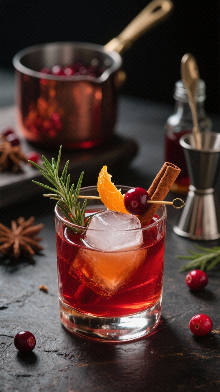 Straight-on moody bar-style shot of a Spiced Cranberry Rosemary “Old Fashioned” Mocktail: deep red house syrup made from fresh cranberries, water, sugar, a rosemary sprig, orange peel, and a small cinnamon stick, stirred into a rocks glass over a large clear ice cube. Garnish with a glossy cranberry skewer, expressed orange peel, and a tiny rosemary sprig. Place the saucepan of jewel-toned syrup and whole spices in the background, with syrup bottle and bar spoon. Low, dramatic light with highlights on the glass edges for a whiskey-like allure.