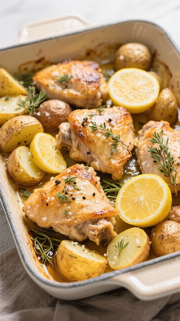Straight-on one-pan presentation of Lemon Herb Chicken With Potatoes: bone-in, skinless chicken thighs nestled among halved baby gold potatoes, all speckled with kosher salt, black pepper, dried oregano, and dried thyme; lemon halves and zesty slices tucked in, pan juices glistening; roasted golden edges, served in an enamel roasting pan, homey one-pot comfort.