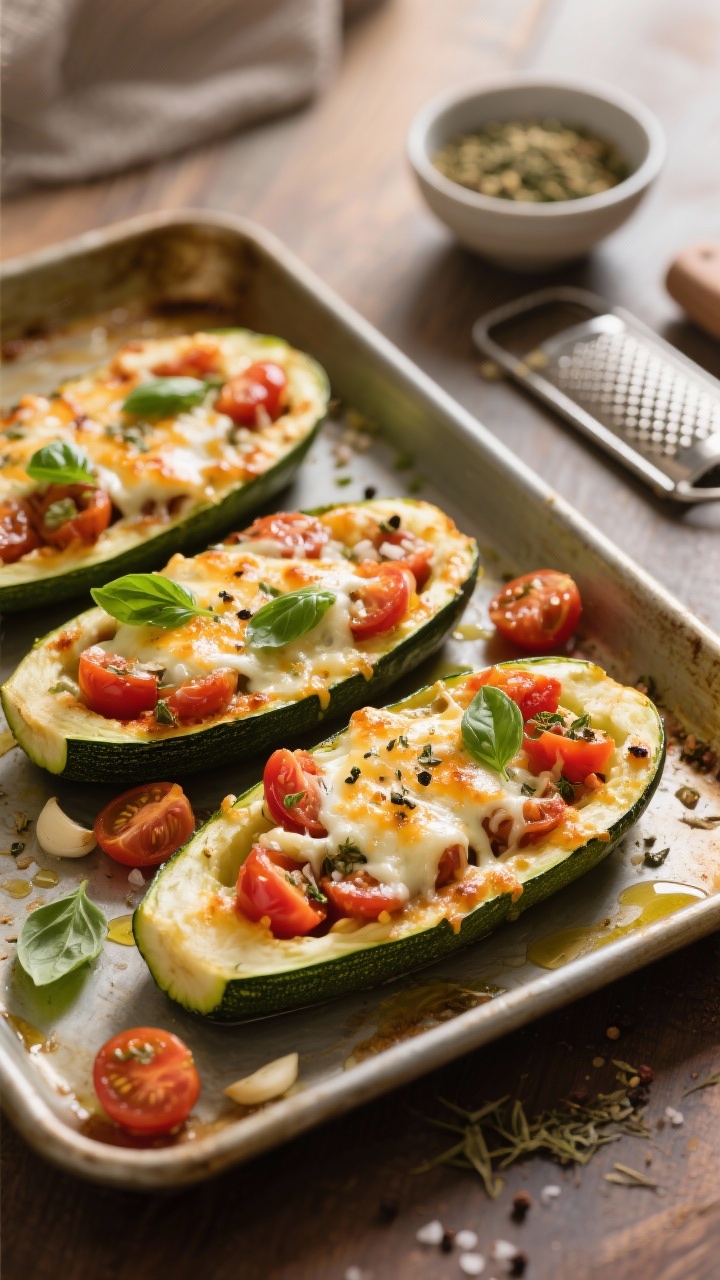 Straight-on “pizza night” zucchini boats on a sheet pan: halved zucchini scooped and brushed with olive oil, stuffed with quartered cherry tomatoes, minced garlic, dried Italian seasoning, kosher salt, and black pepper, topped with bubbly melted cheese and scattered fresh basil; edges lightly browned; a small bowl of Italian seasoning and a grater nearby; cozy, family-style presentation with warm directional light.