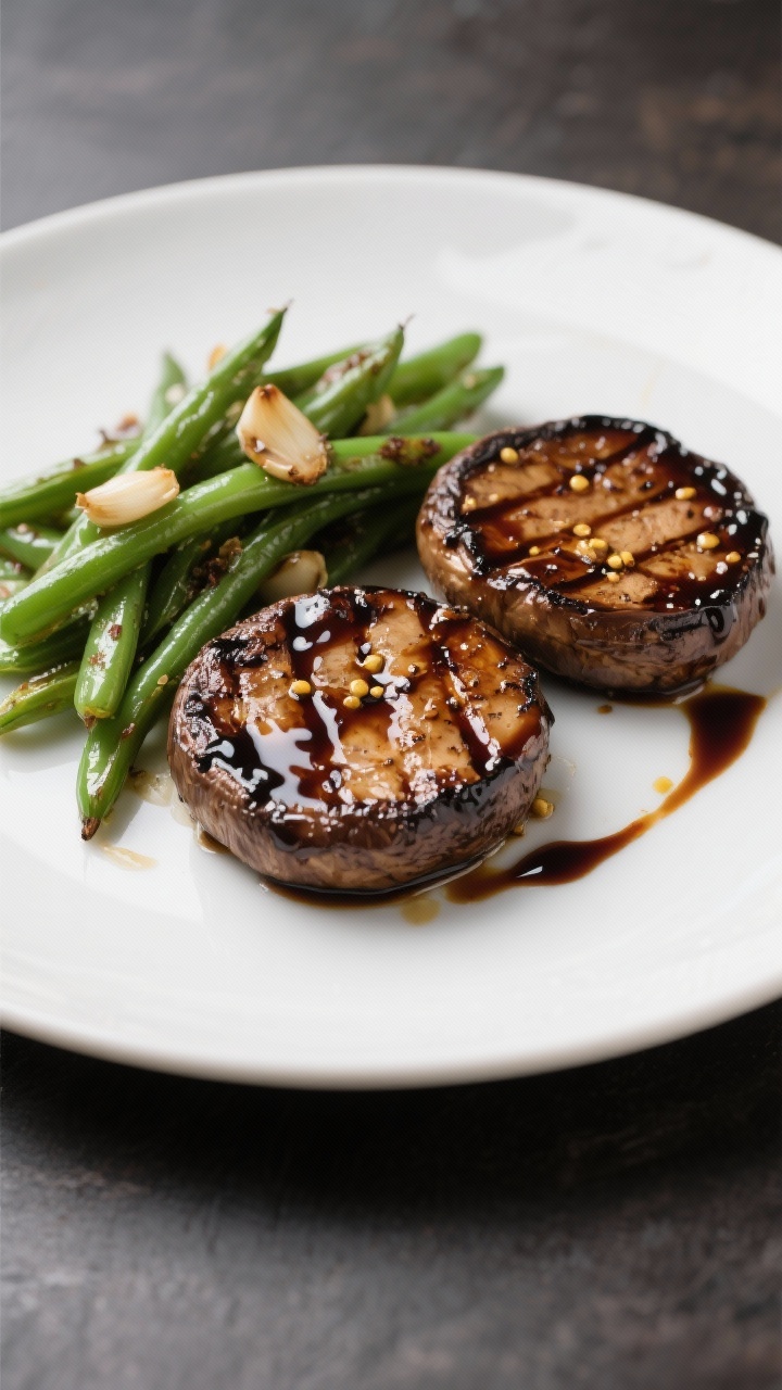 Straight-on plated balsamic glazed portobello steaks with garlic green beans: two large portobello caps brushed with balsamic, soy/tamari, Dijon, and olive oil, grilled with defined sear marks and a glossy glaze; green beans sautéed with garlic until bright and slightly blistered; arranged on a simple white plate with a drizzle trail of balsamic reduction; crisp, contrasty lighting to showcase umami sheen and vibrant greens.