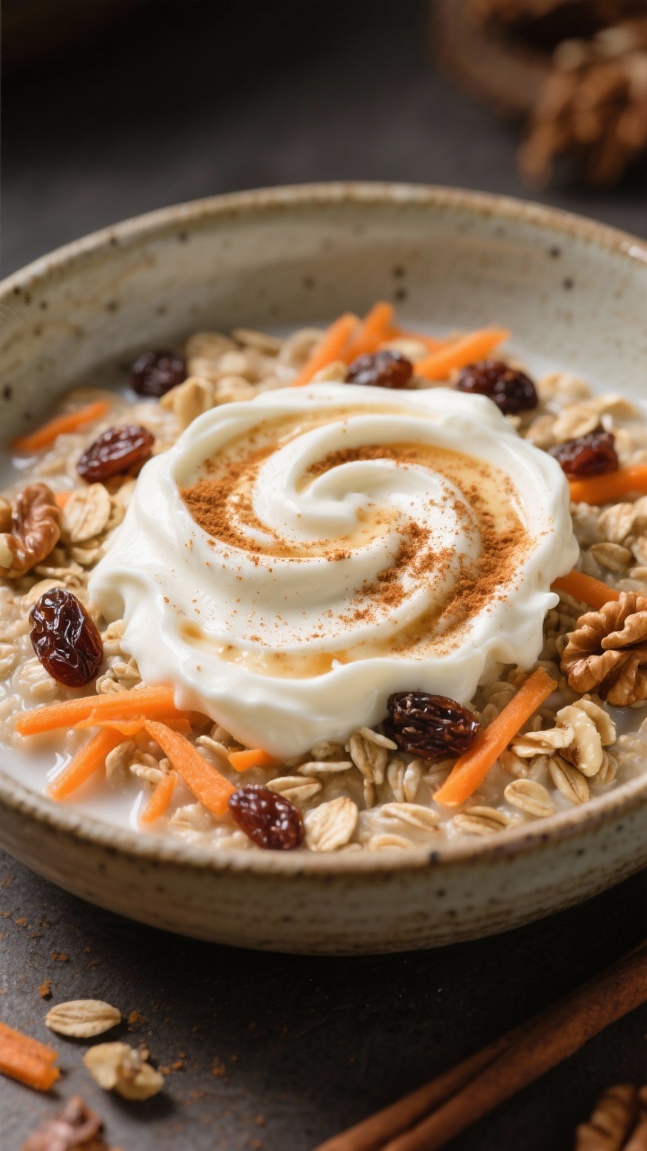 Straight-on plated bowl of Carrot Cake oats with creamy “frosting” swirl: oats mixed with milk, Greek yogurt, finely grated carrot, raisins or chopped dates, and chopped walnuts; a visible swirl of extra Greek yogurt on top as “frosting,” dusted with warm spices and a sprinkle of nuts; rustic ceramic bowl, muted earth tones, side-lit to highlight grated carrot strands and chewy raisin bits.