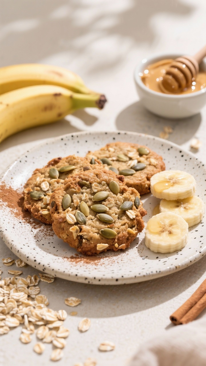 Straight-on plated breakfast scene featuring banana bread breakfast cookies studded with crunchy mixed seeds on a speckled ceramic plate; mashed banana texture and oats visible, warm cinnamon dusting on top; props include a small bowl of almond butter, a honey dipper with a thread of honey or maple syrup, and scattered rolled oats; bright morning light, wholesome rustic mood.