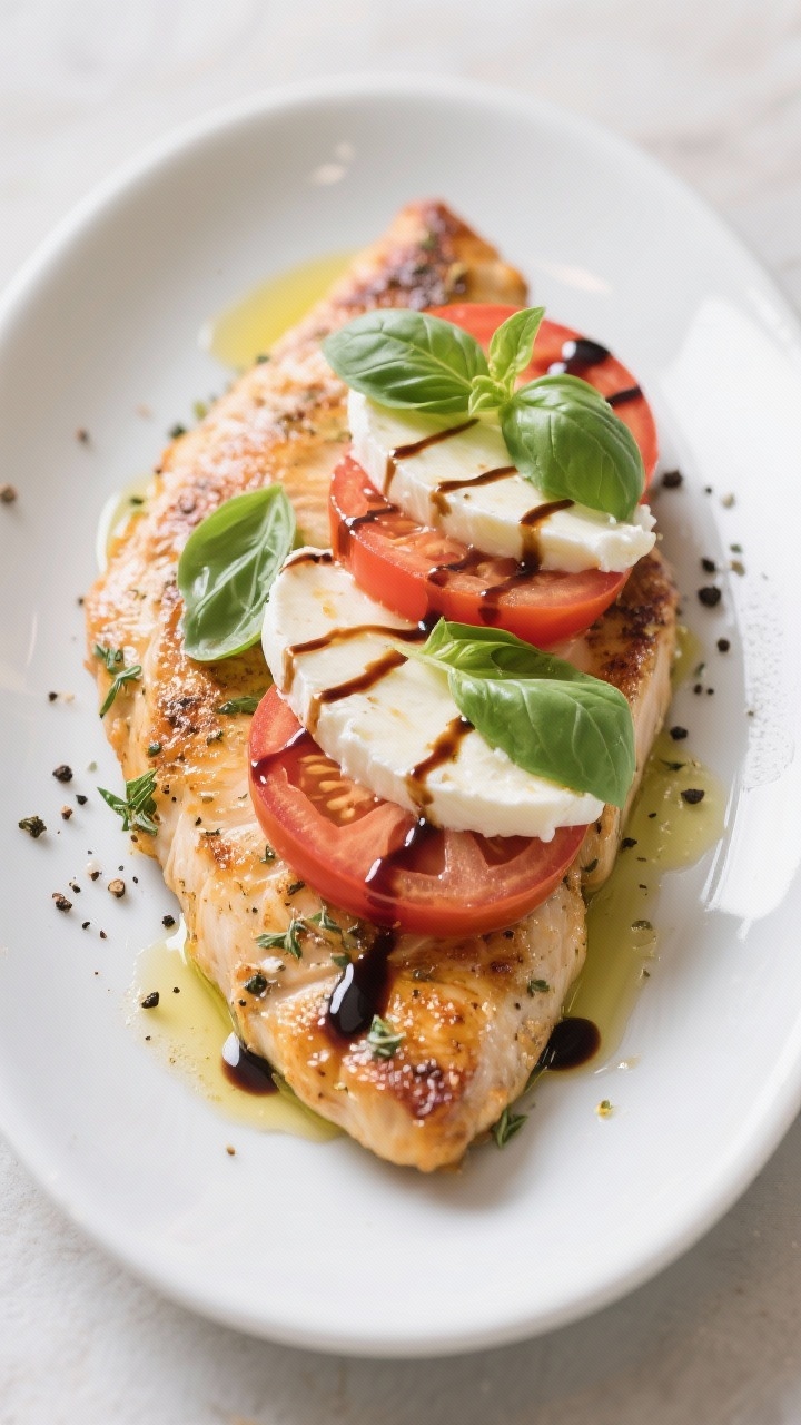 Straight-on plated Caprese chicken cutlets: thin, golden-seared chicken seasoned with Italian herbs, topped with melted fresh mozzarella and thick tomato slices, fresh basil leaves, and a shiny balsamic drizzle zigzagging over, a light olive oil sheen, served on a white oval platter with cracked black pepper, summery Italian simplicity.