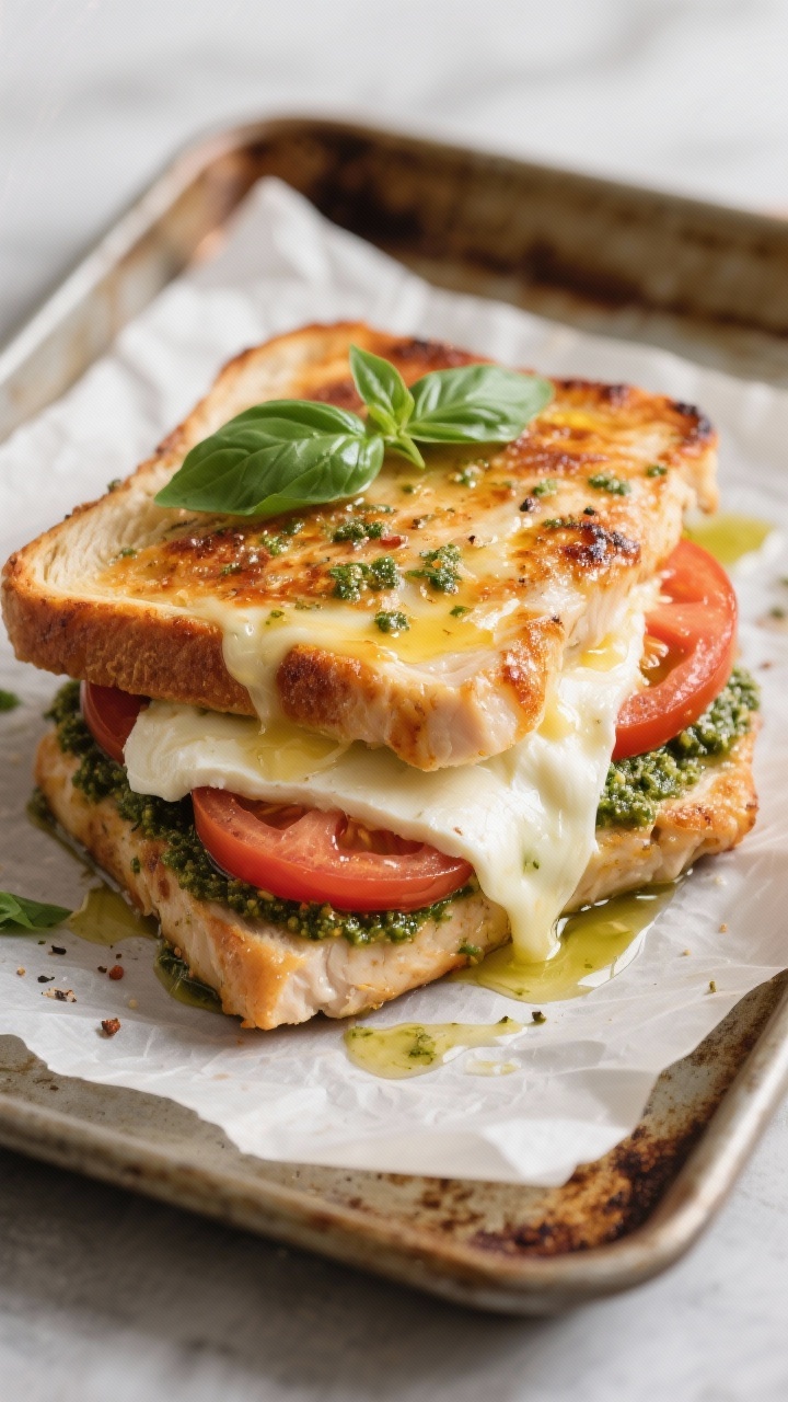Straight-on plated Caprese pesto chicken melt: thin chicken cutlets seared with olive oil, salt, pepper, and Italian seasoning, layered with basil pesto, melted fresh mozzarella, and thick ripe tomato slices; broiled to bubbling edges and finished with a drizzle of olive oil and torn basil; served on a rustic sheet pan lined with parchment to show gooey cheese melt and caramelized tomato edges.