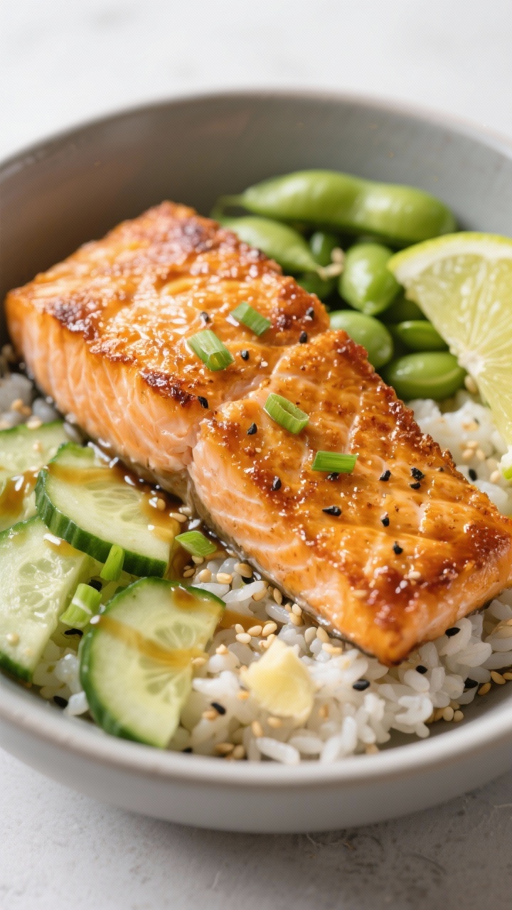 Straight-on plated crispy air fryer salmon bowl: golden-crisp salmon fillets with crackly skin, brushed with avocado oil, soy sauce/tamari, honey or maple glaze, and a hint of black pepper; served over ginger-sesame rice (visible sesame seeds and minced ginger), with quick pickled cucumbers, edamame, and scallions; drizzle of extra glaze in a fine line, lime wedge on the side; clean, modern styling with matte ceramic bowl and neutral backdrop, highlighting lacquered salmon texture.