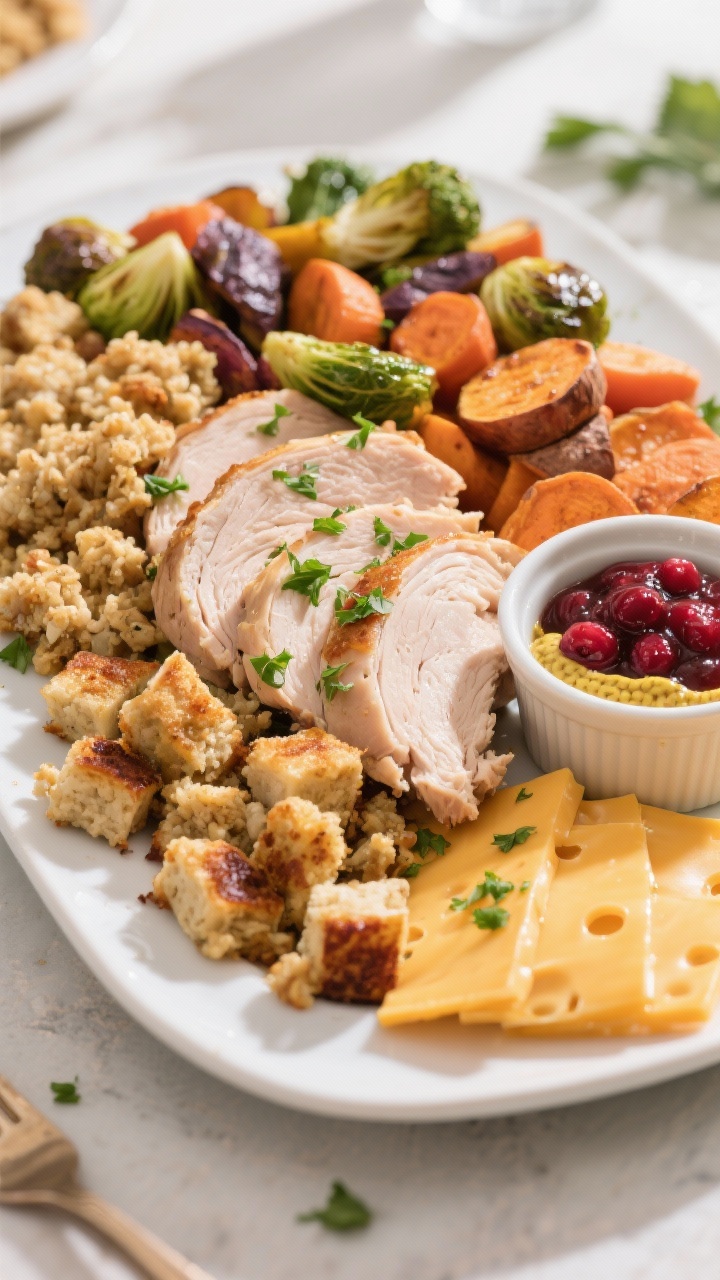 Straight-on plated “leftovers remix” spread that feels new: a large platter with sliced leftover turkey (mix of light and dark meat), bite-size cubes of leftover stuffing crisped at the edges, a colorful mix of roasted vegetables (Brussels, carrots, sweet potatoes), and thick slices of cheddar or Swiss. Include a small ramekin of cranberry sauce and a smear of Dijon on the side. Garnish with chopped parsley. Natural daylight, appetizing gloss on vegetables, inviting textures on stuffing, no people.