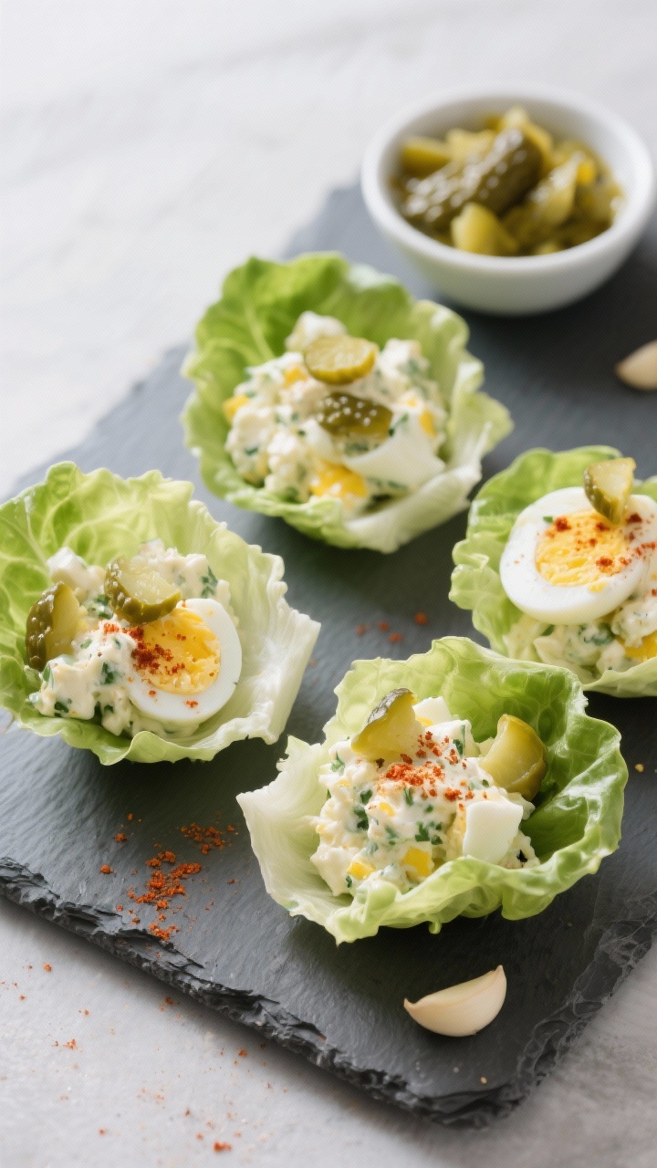 Straight-on plated lettuce wraps: creamy Greek yogurt egg salad (chopped hard-boiled eggs mixed with nonfat/2% Greek yogurt, Dijon mustard, lemon juice, garlic powder, paprika, salt and black pepper) scooped into crisp butter lettuce cups; sprinkled with finely chopped pickles for crunch and a dusting of paprika; arranged on a cool slate platter with extra pickle relish in a tiny bowl; bright, clean lighting to emphasize freshness and contrast.