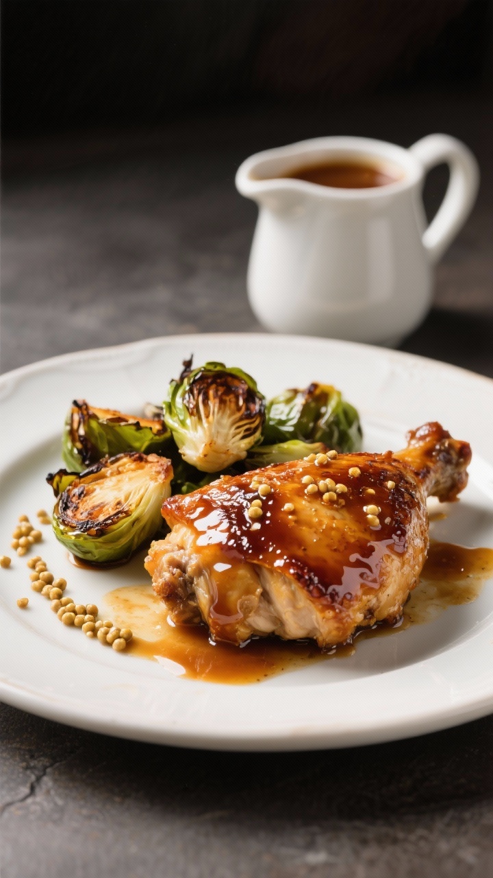 Straight-on plated presentation: maple-Dijon baked chicken thighs lacquered with a glossy maple and Dijon glaze, caramelized edges, nestled beside crispy roasted Brussels sprouts with charred, frilly leaves. Include a drizzle trail of whole-grain mustard studded glaze on the plate, and a small pitcher of extra maple-Dijon sauce behind, catching light to highlight the sticky sheen.