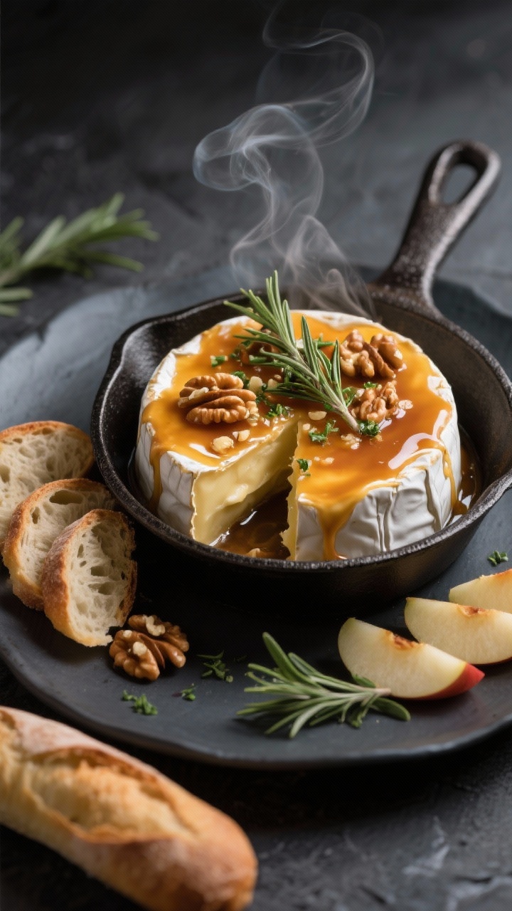 Straight-on plated presentation of a baked Brie wheel on a small cast-iron skillet, oozing at the cut; draped with warm apple cider caramel made from cider, brown sugar, butter, and Dijon, studded with rosemary walnuts; extra finely chopped fresh rosemary sprinkled on top; thin slices of baguette and apple wedges arranged around; steam subtly visible, moody light with dark slate backdrop to emphasize the golden caramel sheen.