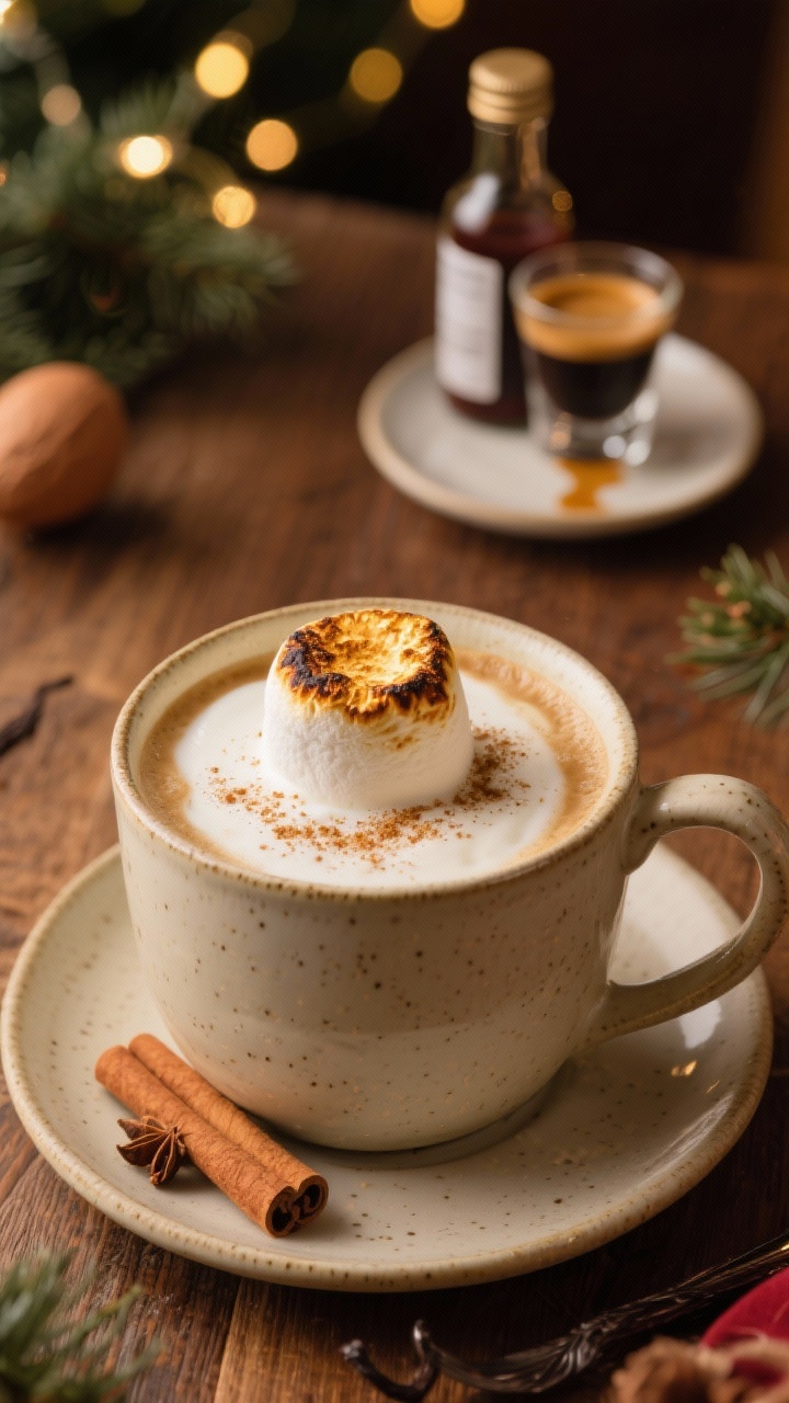 Straight-on plated presentation of a toasted marshmallow eggnog latte in a wide ceramic mug: creamy eggnog-milk base with espresso, topped with a torched marshmallow cap blistered and golden, dusted with ground nutmeg and cinnamon; vanilla extract bottle in background, espresso shot glass nearby; small saucer catching a drip, set on a holiday wood table with subtle bokeh lights for indulgent festivity.