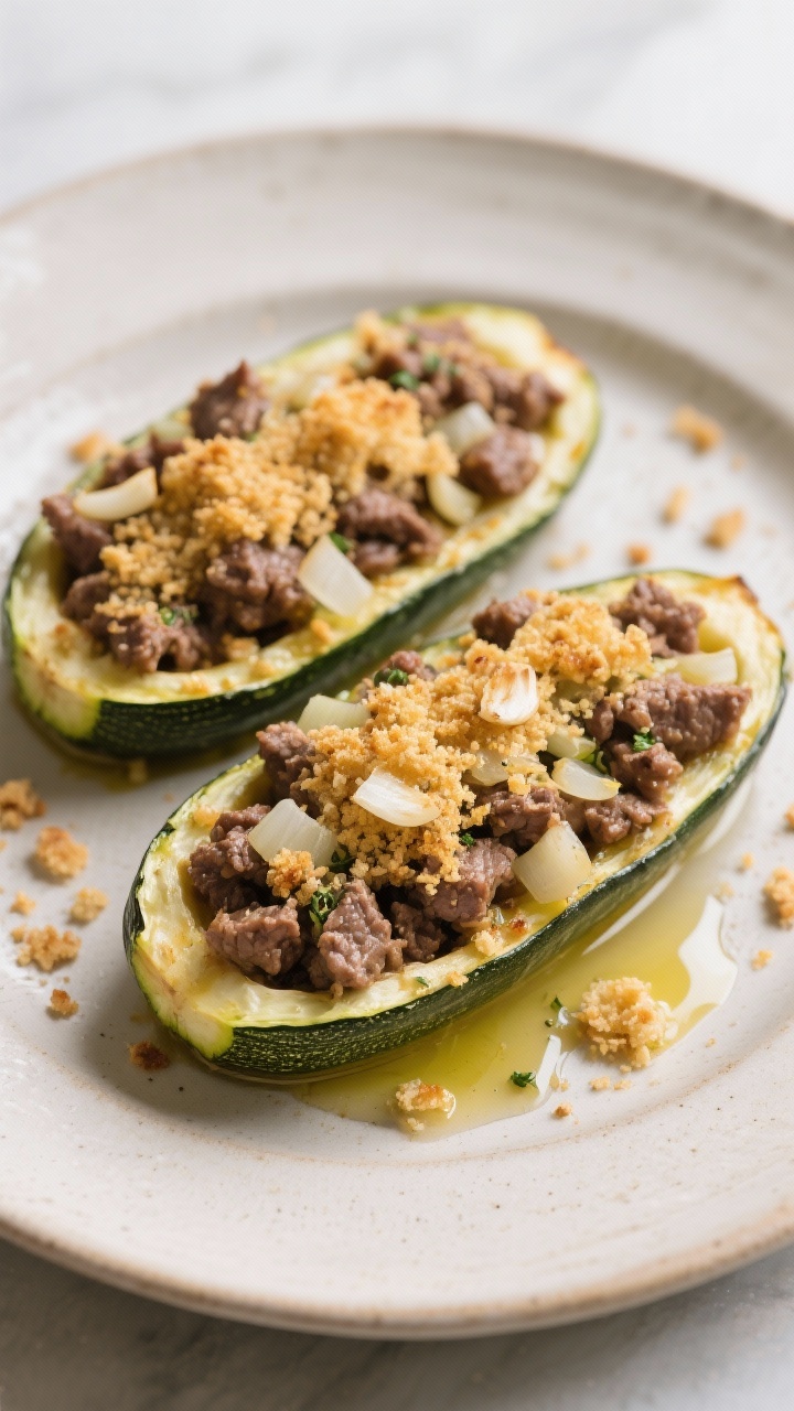 Straight-on plated presentation of baked beef-stuffed zucchini boats: halved zucchini filled with a savory mix of ground beef, finely chopped onion, garlic, dried Italian seasoning, and a drizzle of olive oil, all crowned with golden garlicky breadcrumbs. The breadcrumb topping is crisp and browned with visible garlic flecks; a few extra breadcrumb crumbs on the plate for texture. Neutral ceramic platter, light, bright styling.