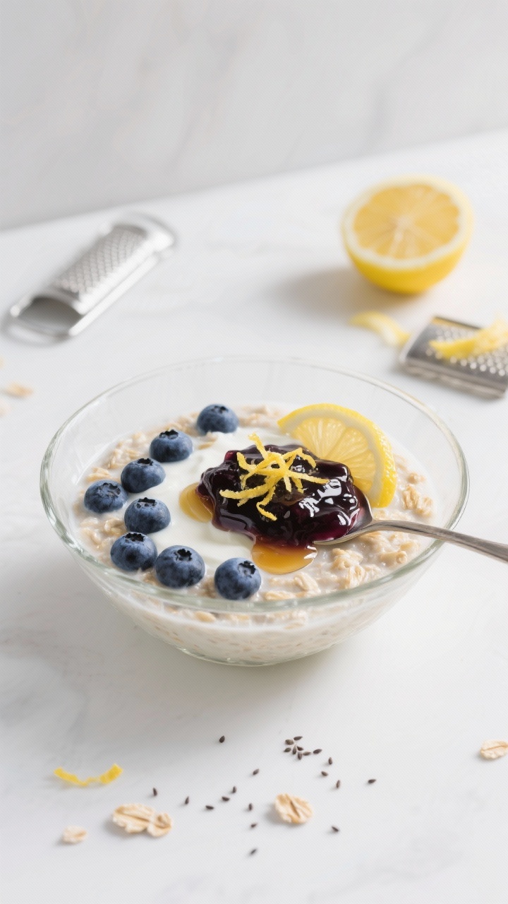 Straight-on plated presentation of blueberry lemon cheesecake oats in a shallow glass dish: velvety oats with almond milk and Greek yogurt, studded with fresh blueberries, a glossy spoonful of blueberry compote, fine shreds of fresh lemon zest, and a drizzle of honey. Garnish with a thin lemon twist and a few chia seeds sprinkled over. Clean, bright styling on a white backdrop with a microplane and zested lemon nearby, elegant and “fancy” dessert-for-breakfast mood.