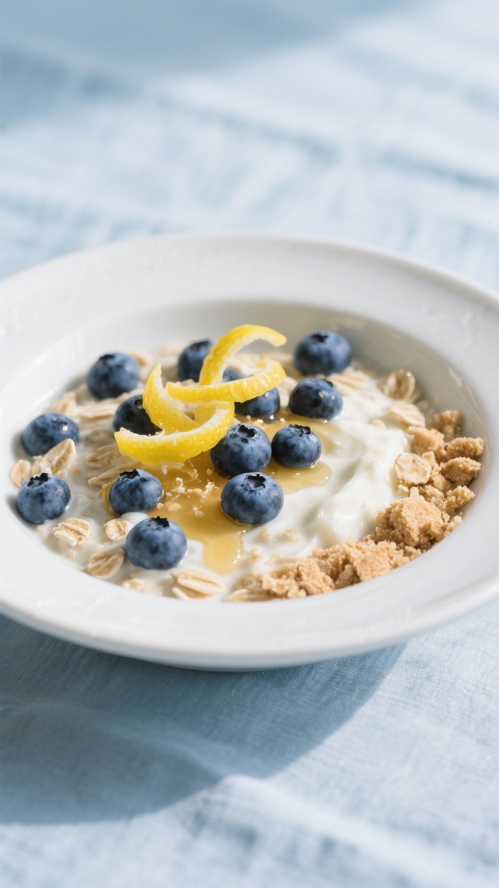 Straight-on plated presentation of blueberry lemon cheesecake oats in a shallow white bowl: creamy oats mixed with vanilla Greek yogurt, studded with plump blueberries (some burst), drizzled with honey, lemon zest curls sprinkled over the top, and a few crushed graham-style crumbs at the edge to suggest “cheesecake”; cool daylight, light blue linen, clean modern styling to make the blues and yellows pop.