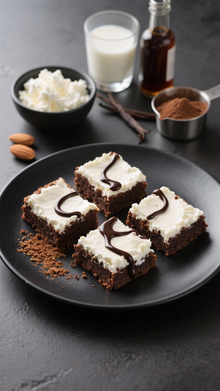 Straight-on plated presentation of cottage cheese protein brownies on a matte black plate, clean cuts displaying dense, protein-rich interior. Drizzle a minimal swirl of melted dark chocolate made from unsweetened cocoa and a touch of granular monk fruit. In the background: a small bowl of low-fat cottage cheese, almond milk in a glass, vanilla extract bottle, and measuring cup of cocoa powder. Bright, high-protein, modern fitness-café mood, crisp lighting, no people.