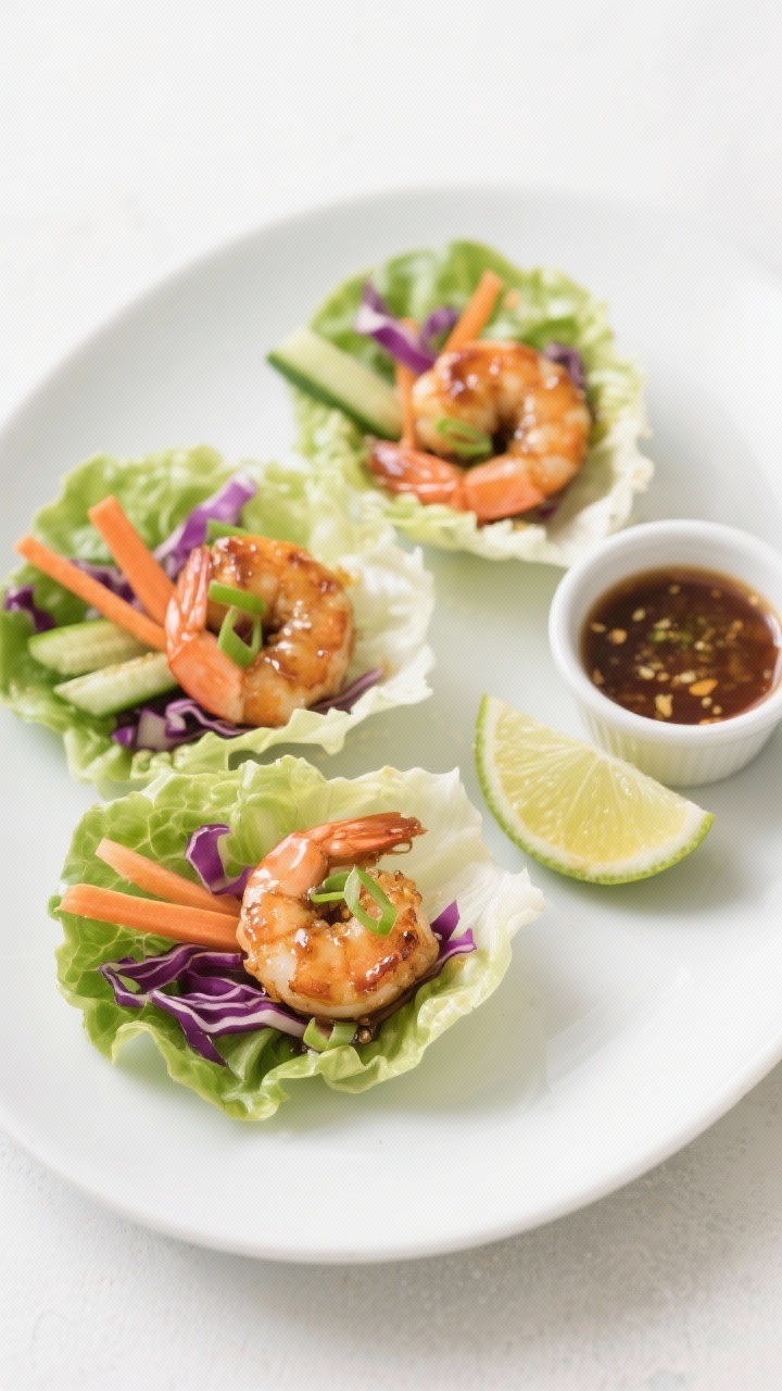 Straight-on plated presentation of ginger-lime shrimp lettuce wraps: butter lettuce cups filled with seared shrimp glazed in a glossy ginger-lime sauce, topped with shredded purple cabbage, julienned carrot, cucumber matchsticks, and thinly sliced green onions. Lime wedges and a small ramekin of dipping sauce nearby. Crisp, vibrant colors on a matte white platter against a light background, clean, handheld-friendly look.